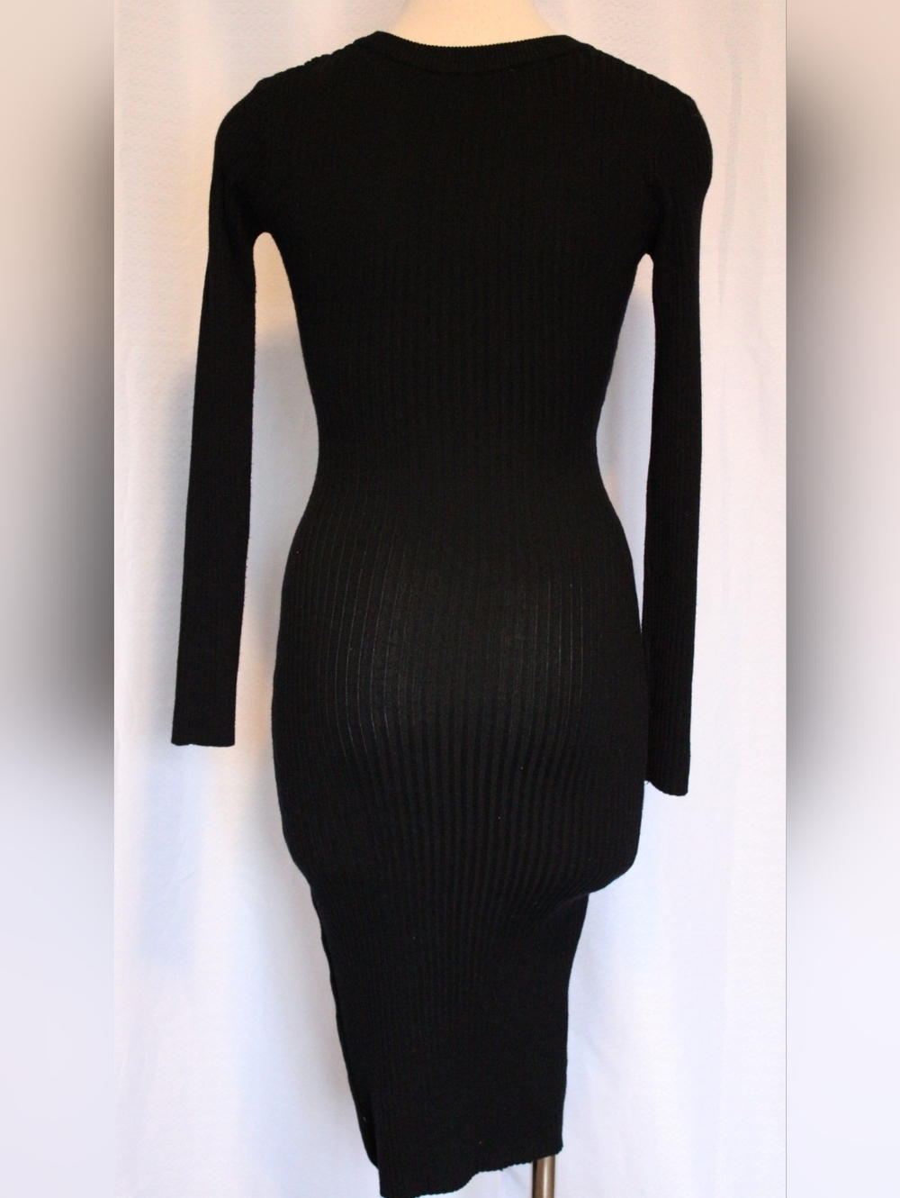 Full Circle Black Ribbed Midi Dress Snap Button Slit Size M - Picture 2 of 8
